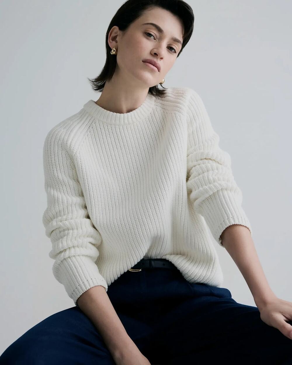 Quince 100% Organic Cotton Fisherman Crew Sweater size L in White